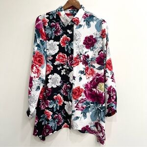 Chicos rose print tunic blouse top button up long sleeve mixed media 2 US 12/14
